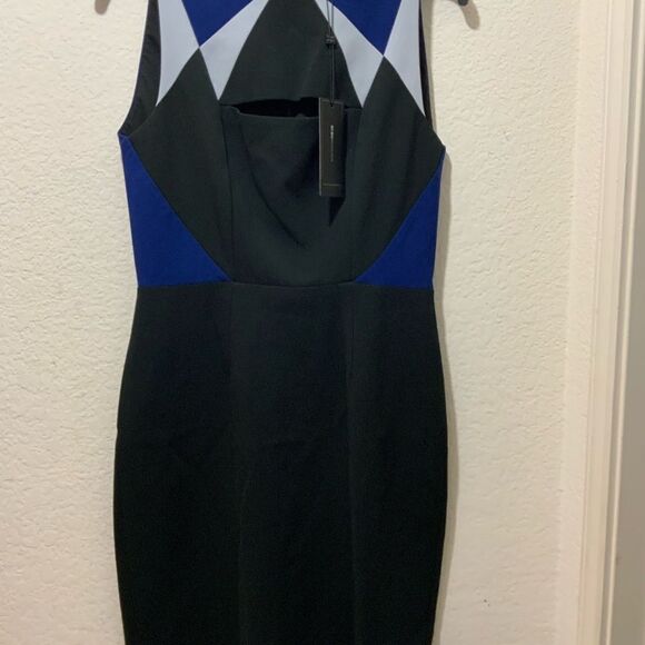 BCBGMaxAzria Geometric Cutout Cocktail Dress Black Blue Sleeveless Tailored 4 - Picture 4 of 14